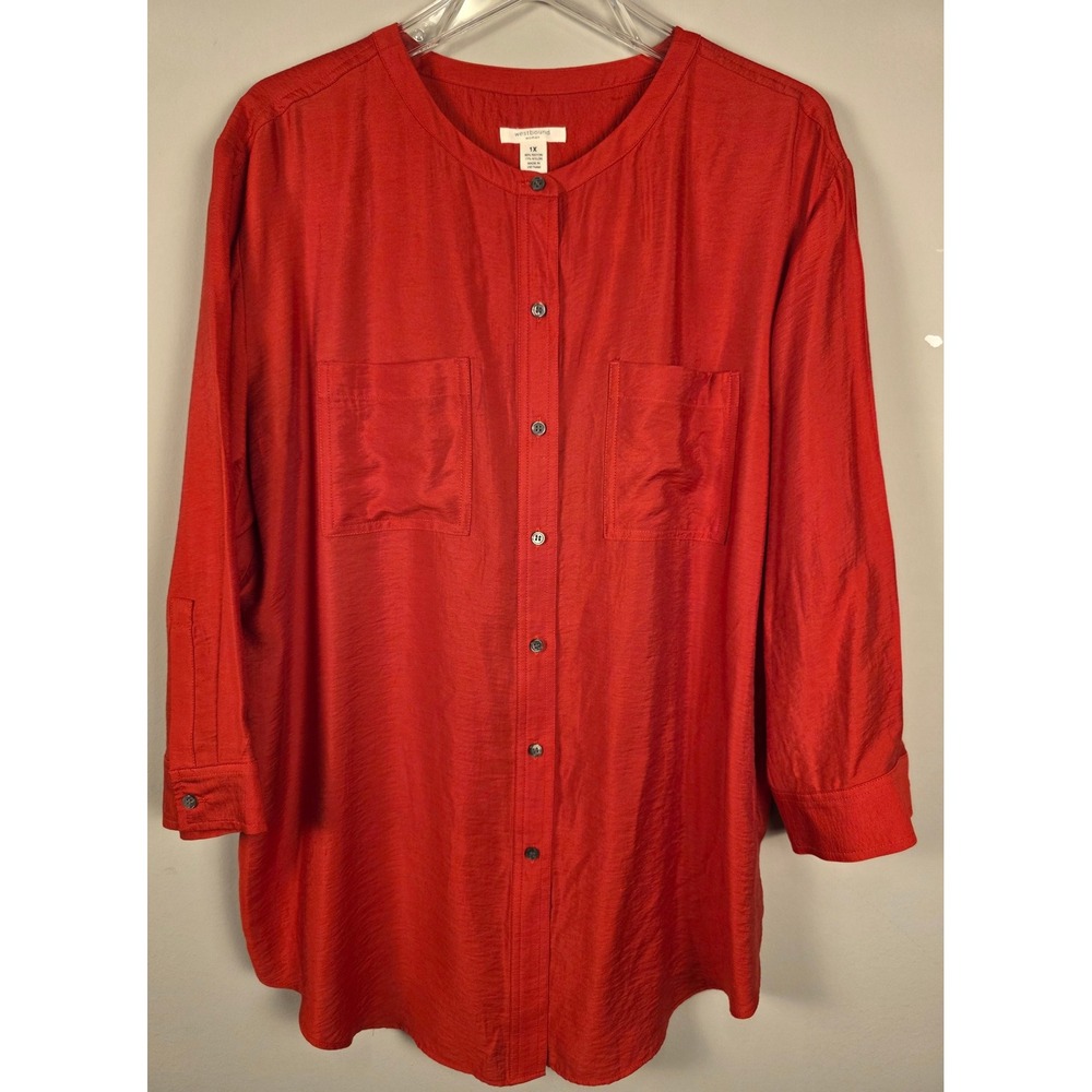 Westbound Red Textured Button‎ Front Long Sleeve Tunic Womens 1X Casual Elegance